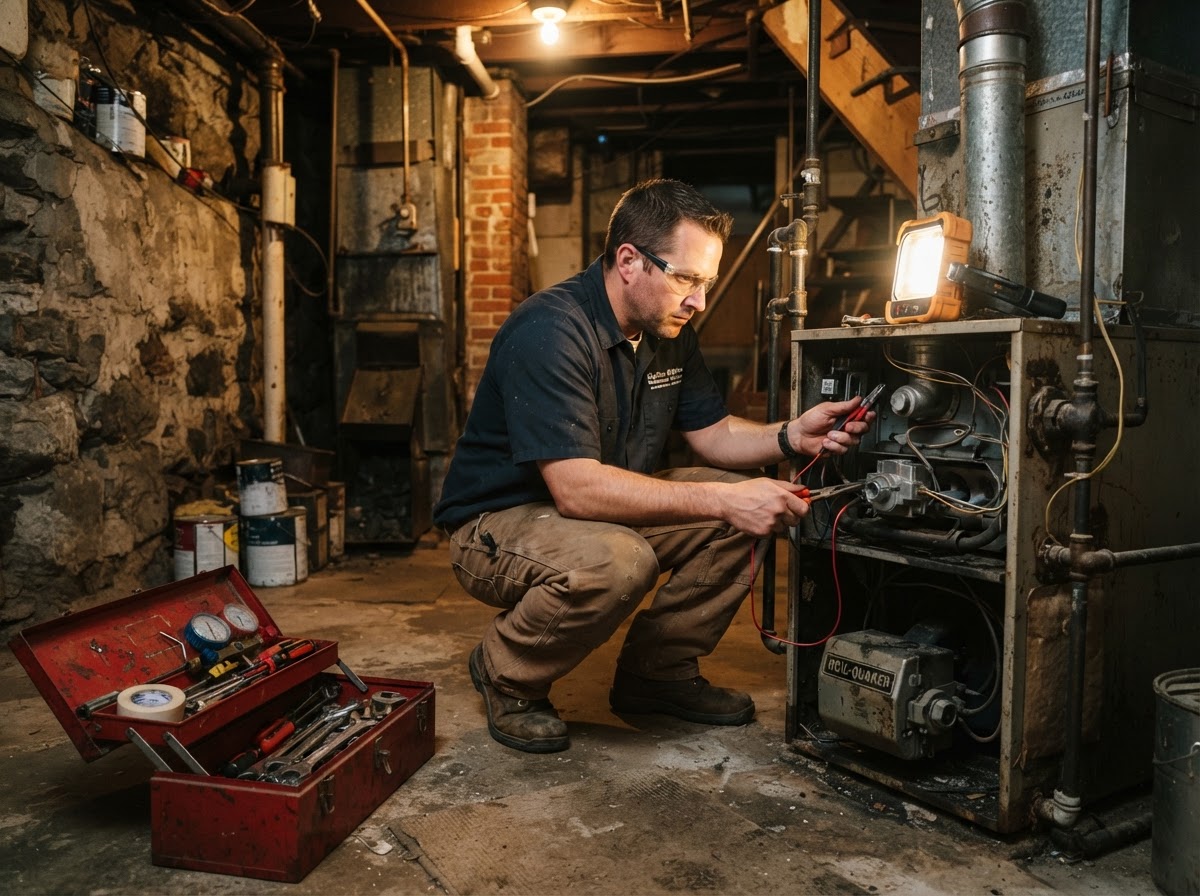 HVAC technician servicing a furnace in an older Allentown row home basement