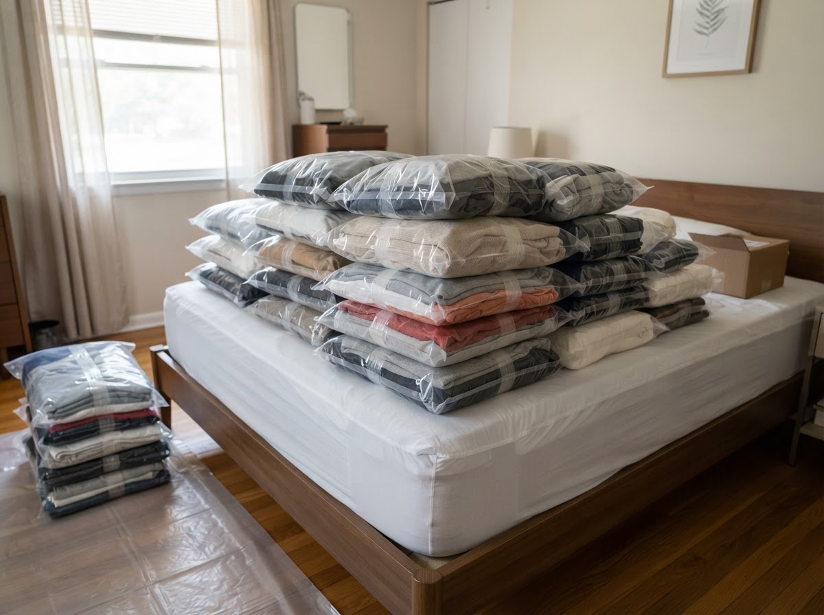 Sealed plastic bags of laundered clothing prepared for a bed bug treatment visit