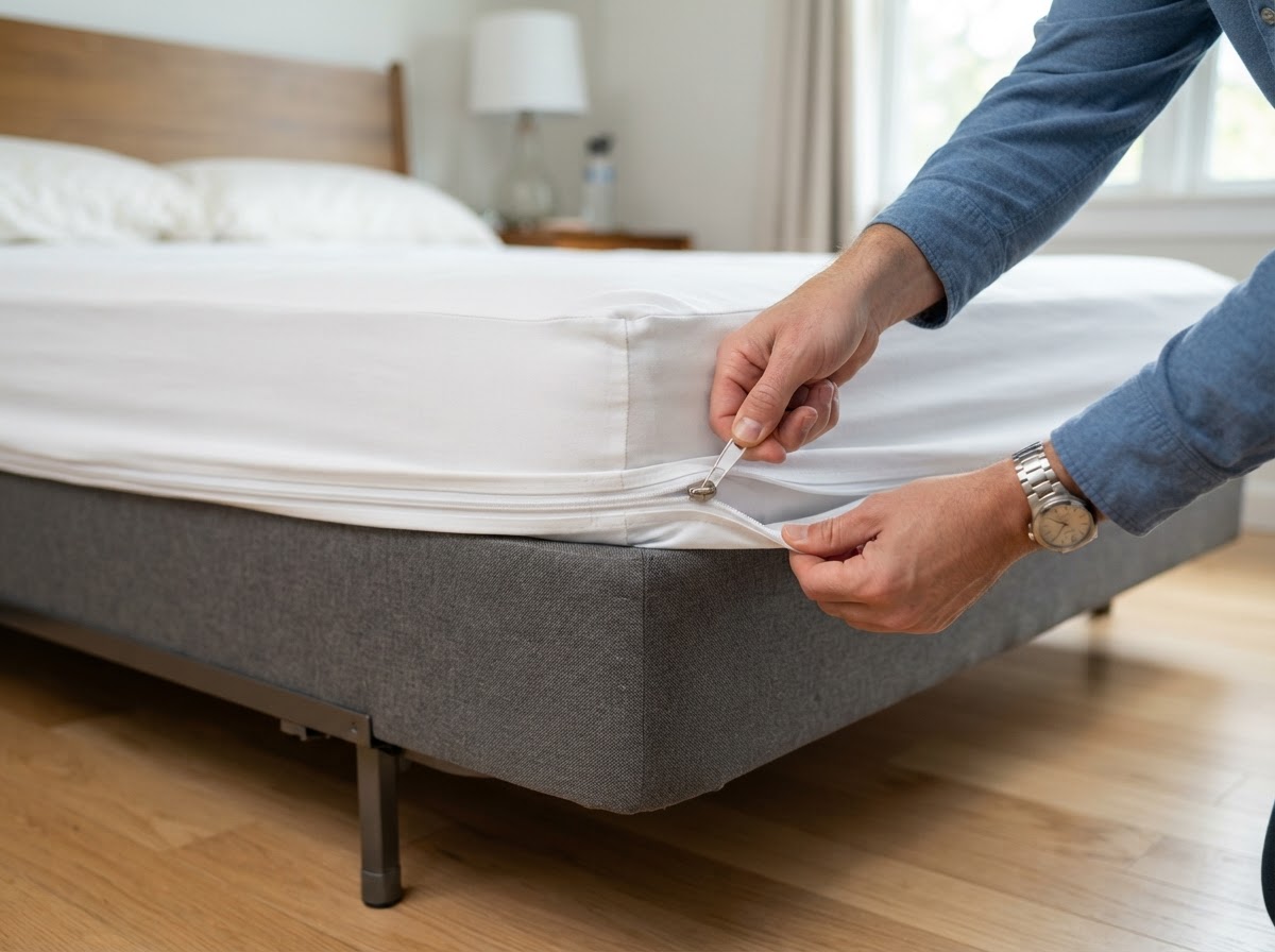 Bed bug mattress encasement being fitted over a box spring