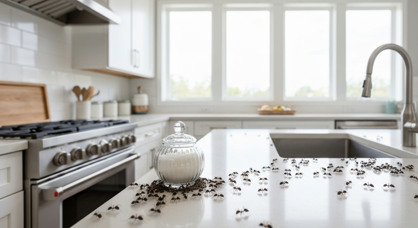 Ants near sugar bowl in kitchen