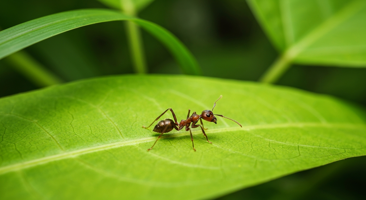 Ant on green leaf