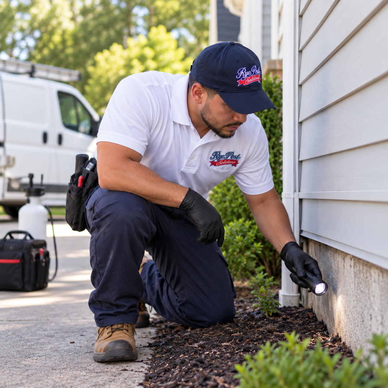 Pest Control Technician Inspecting Foundation