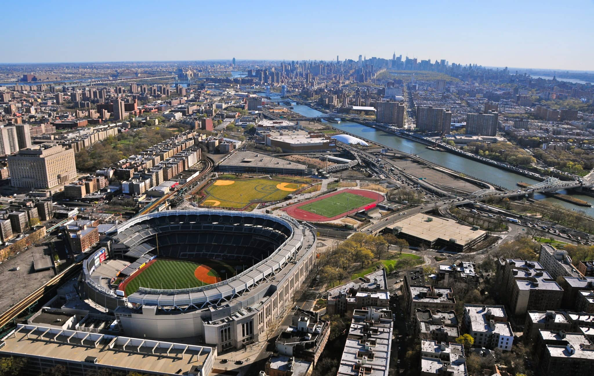 Aerial view of Yankee Stadium and the Bronx skyline
