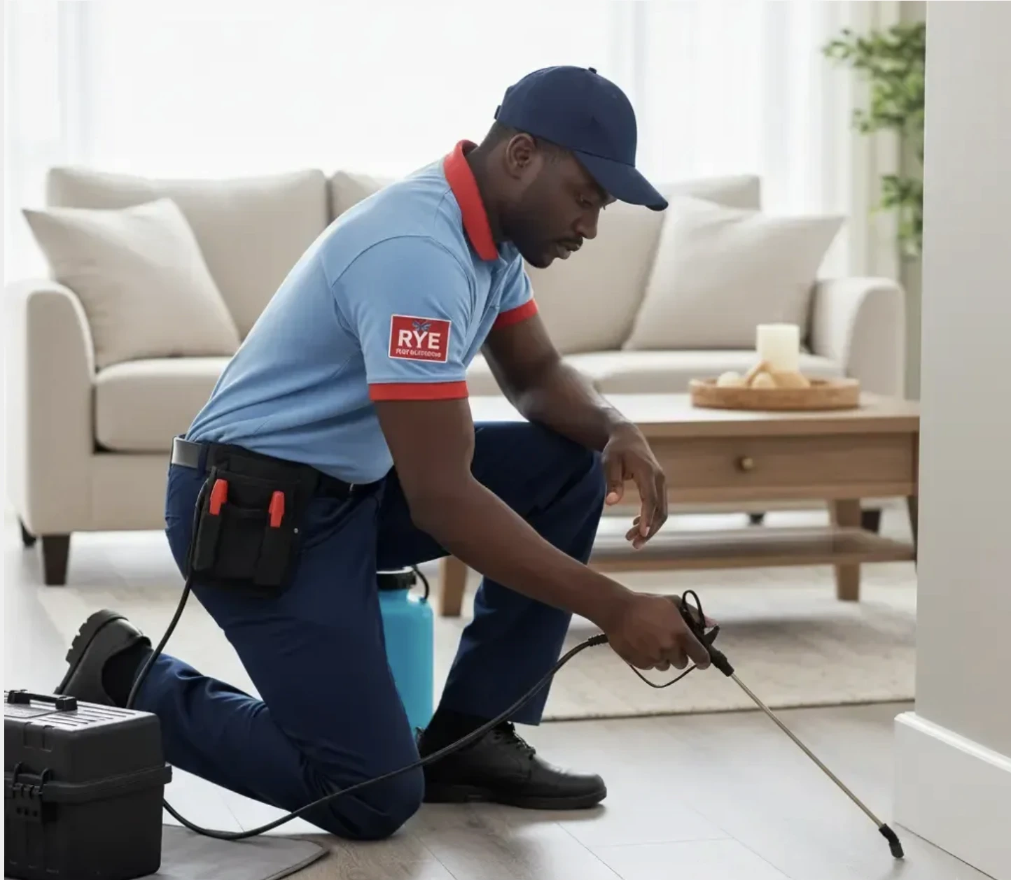Rye Pest Solutions technician applying targeted chemical-safe treatment along baseboards in a Bronx home