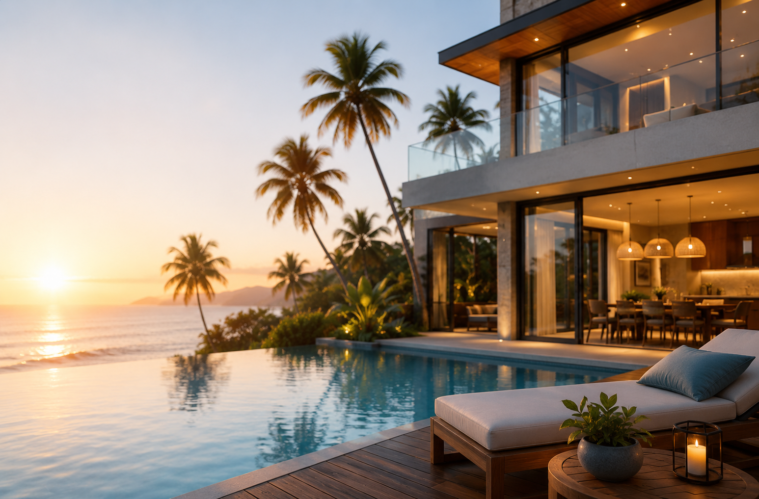 Luxury vacation rental property with an infinity pool at sunset