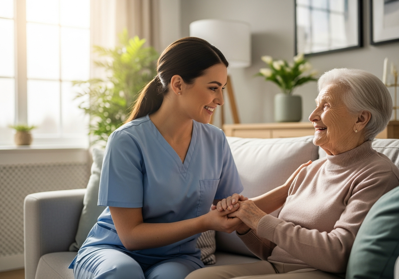 Compassionate caregiver with elderly woman