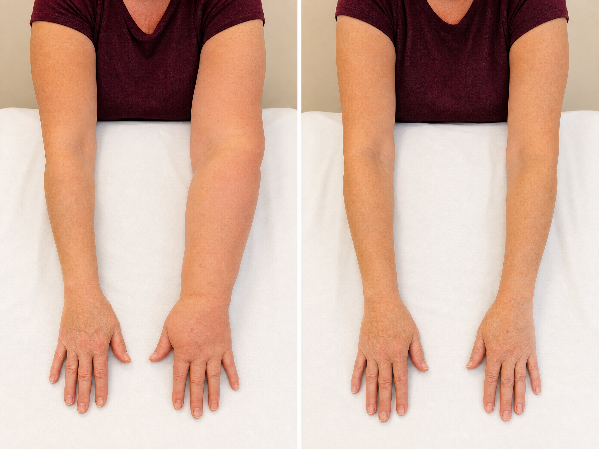 Before and after comparison showing lymphedema swelling reduction in patient's arms following Complete Decongestive Therapy treatment