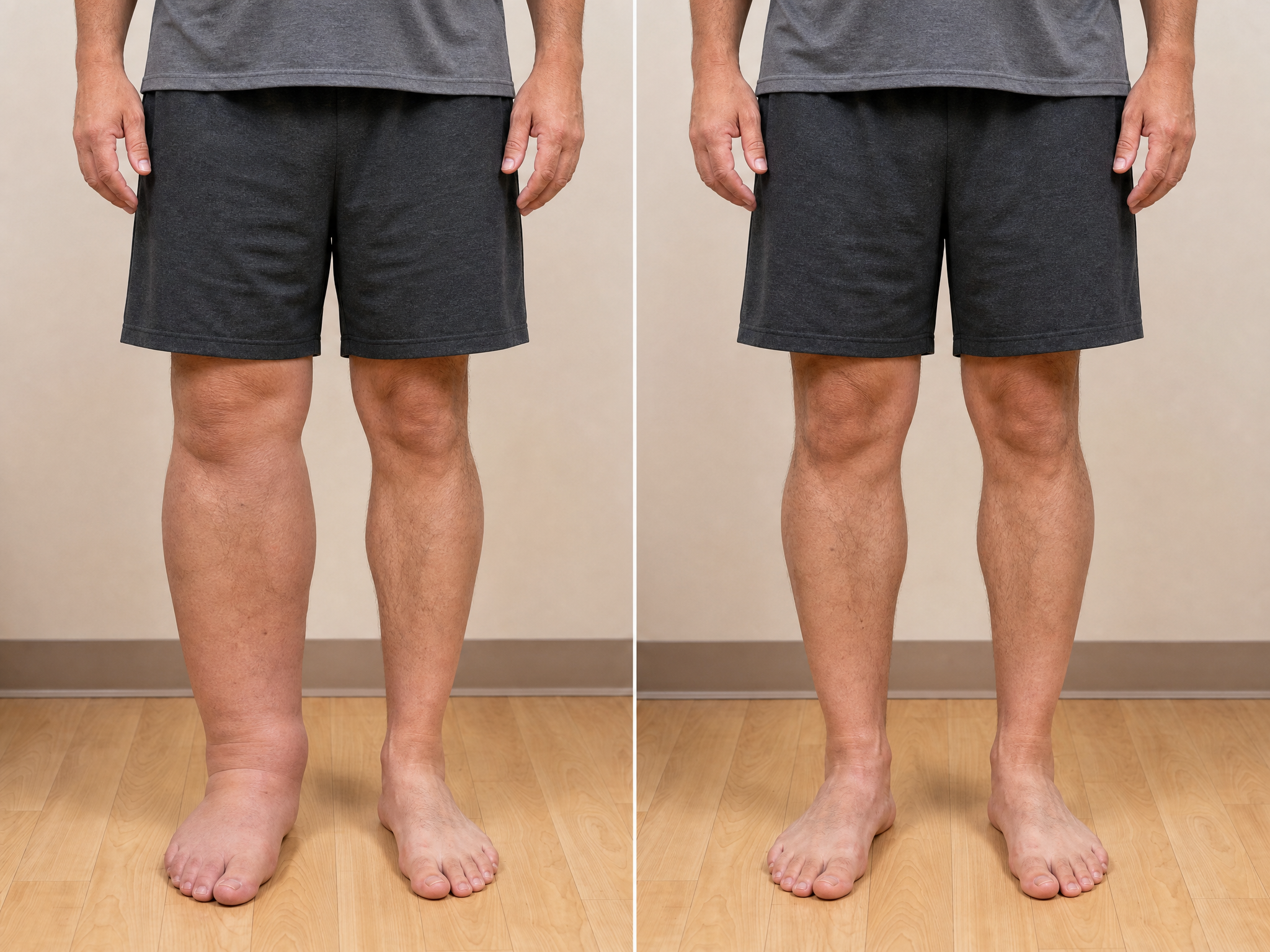 Before and after comparison showing lymphedema swelling reduction in patient's legs following Manual Lymphatic Drainage therapy