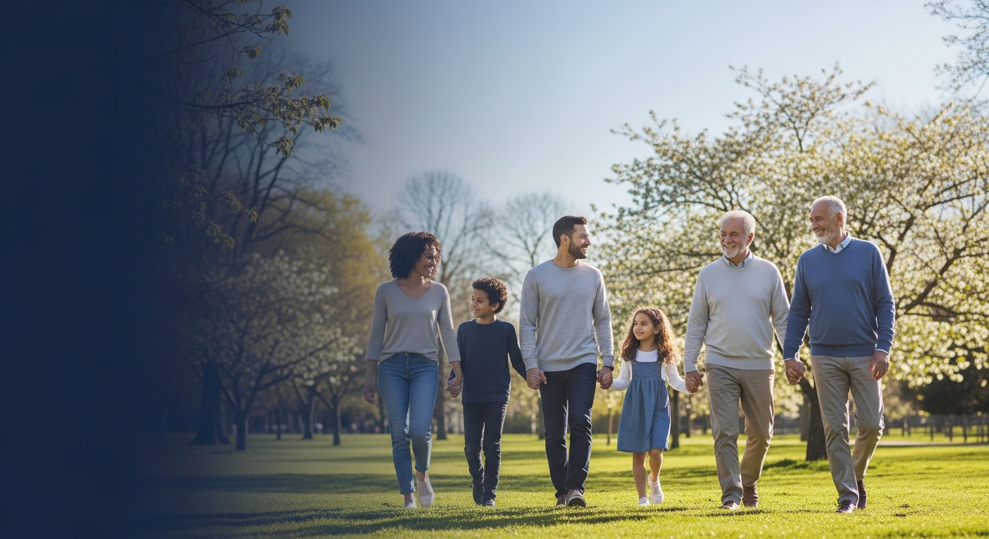 Family and elderly couple walking in park
