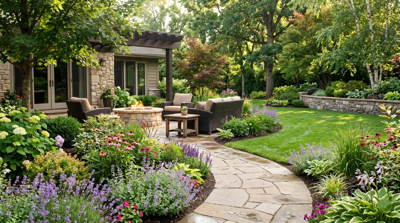 Lush green landscape design in a Queens residential neighborhood