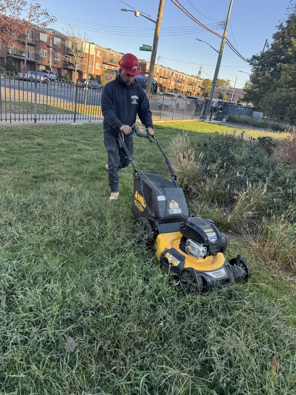 Professional landscaping crew member operating a powerful commercial lawn mower
