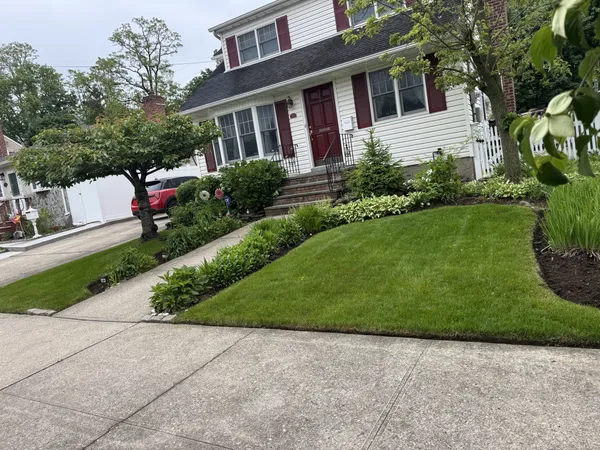 Pristine, manicured green lawn and front yard landscape for a suburban home