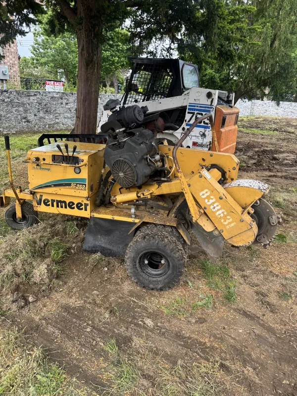 Professional stump grinding equipment on a residential job site