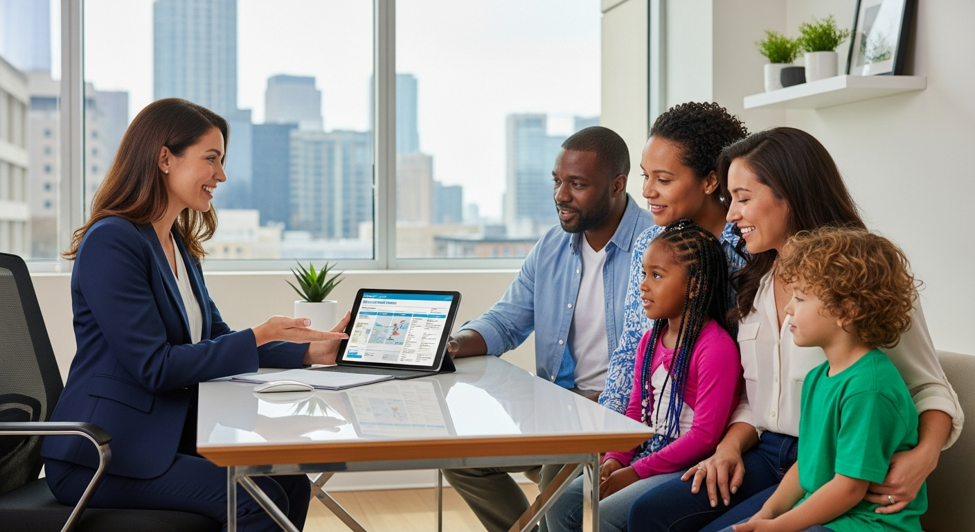 Professional licensed health insurance agent happily helping a diverse family