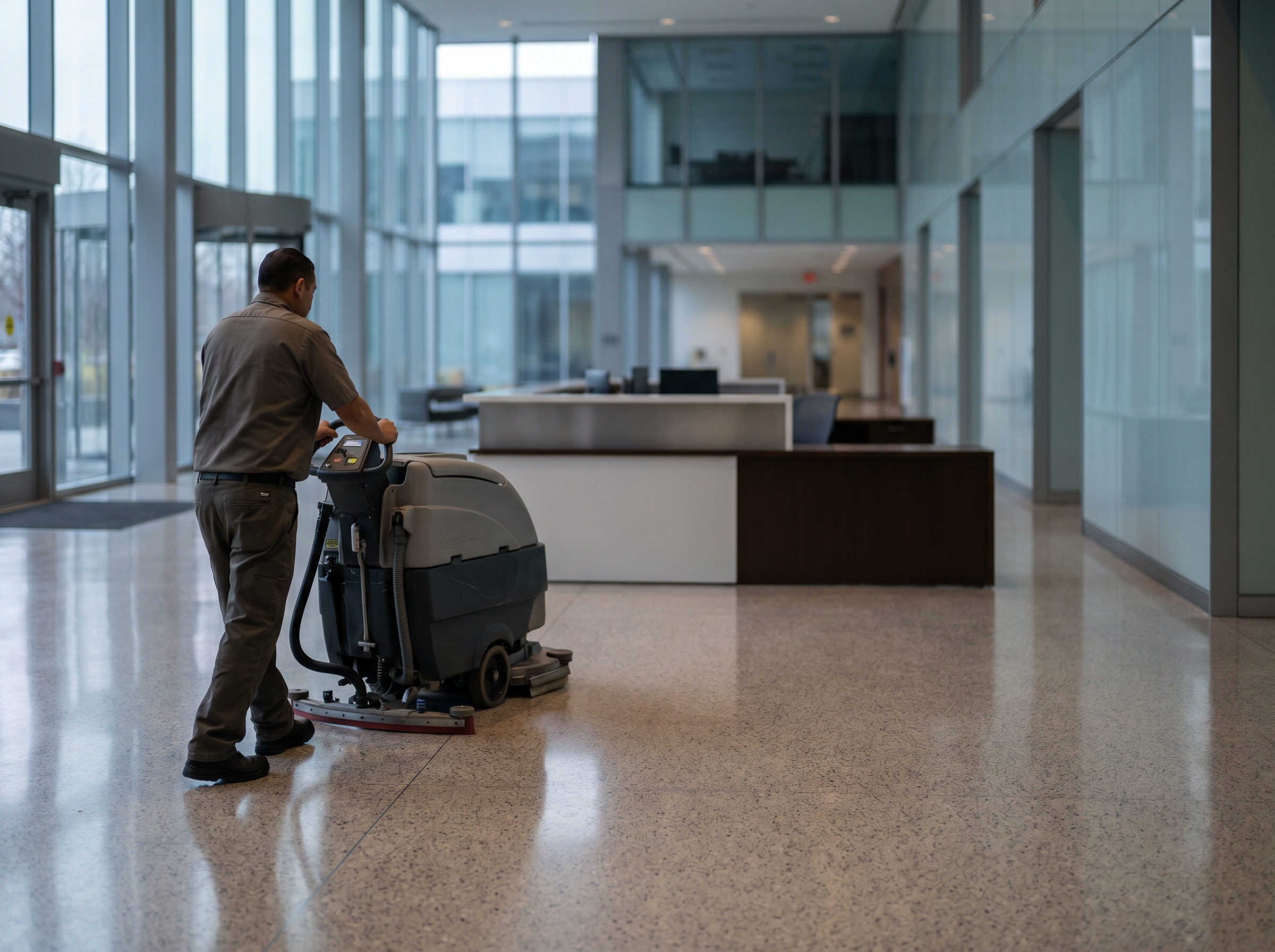 Professional cleaning crew servicing a large facility
