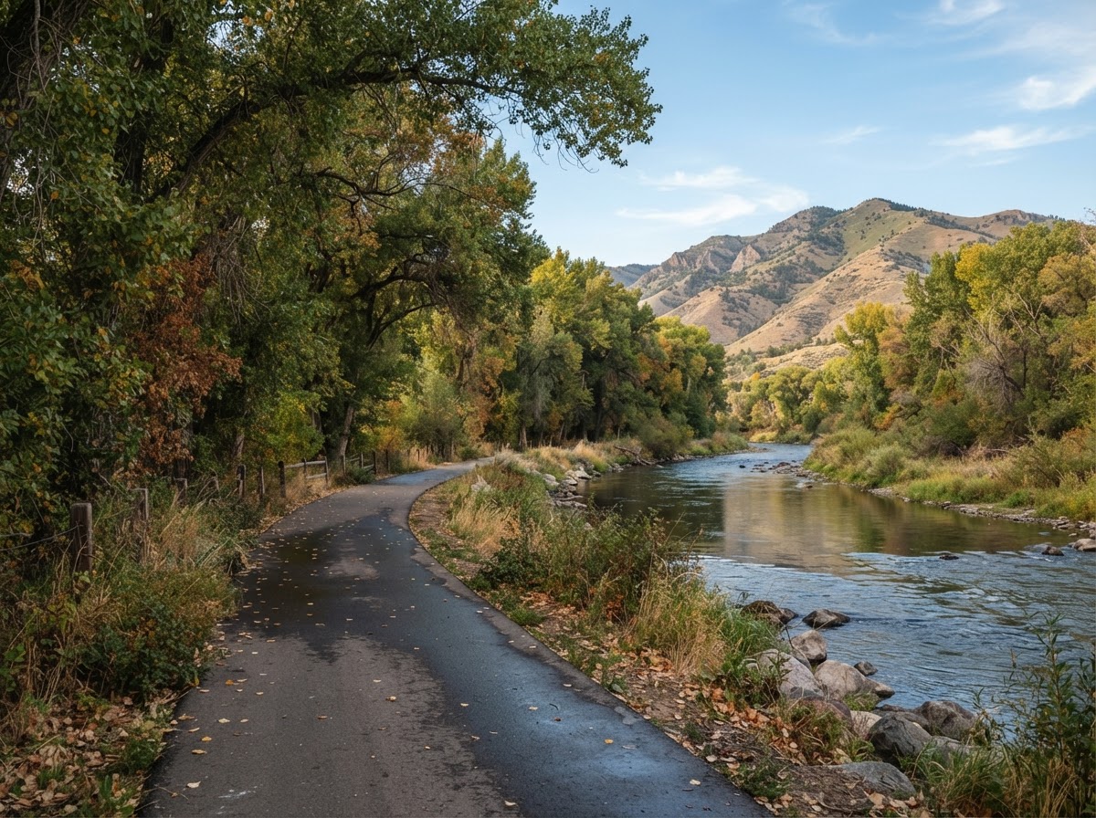 Boise River Greenbelt pathway with mature trees near East Boise, Idaho