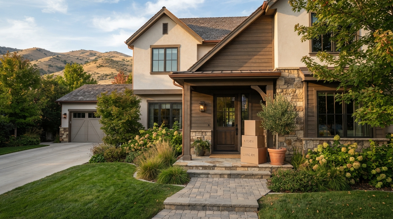 A polished Boise-area home with moving boxes near the entryway during a home transition.