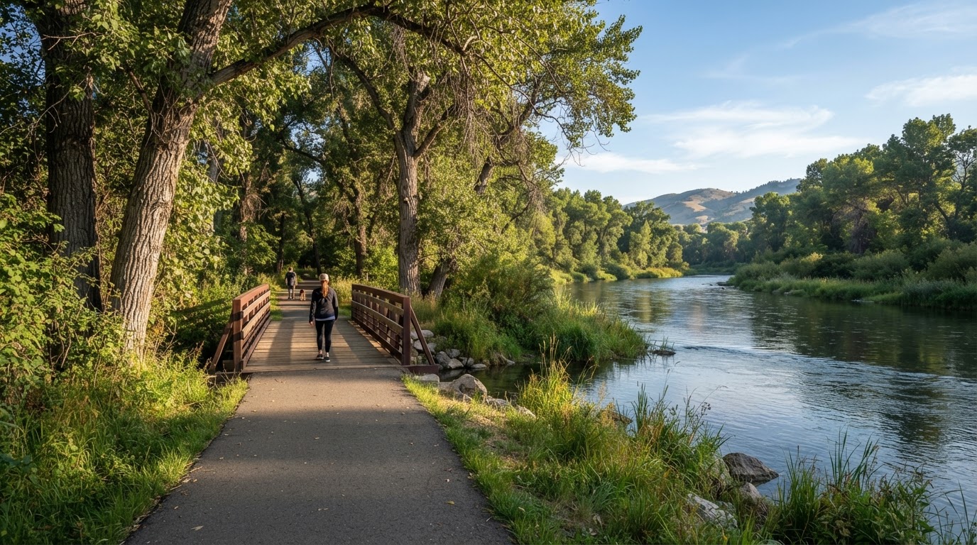 Boise River corridor and mature trees in the Eagle, Idaho area