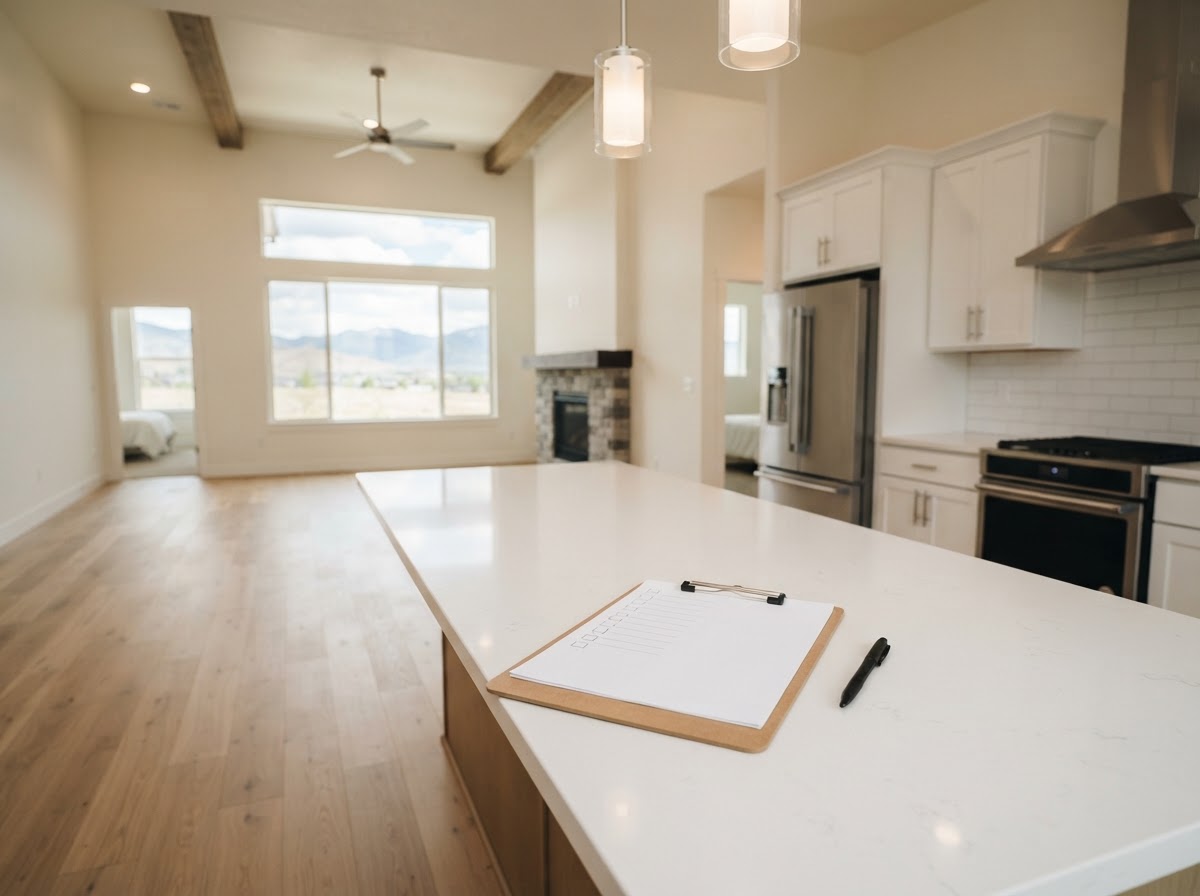 A realistic new-construction home walkthrough scene showing an inspection checklist clipboard in a clean new home interior.