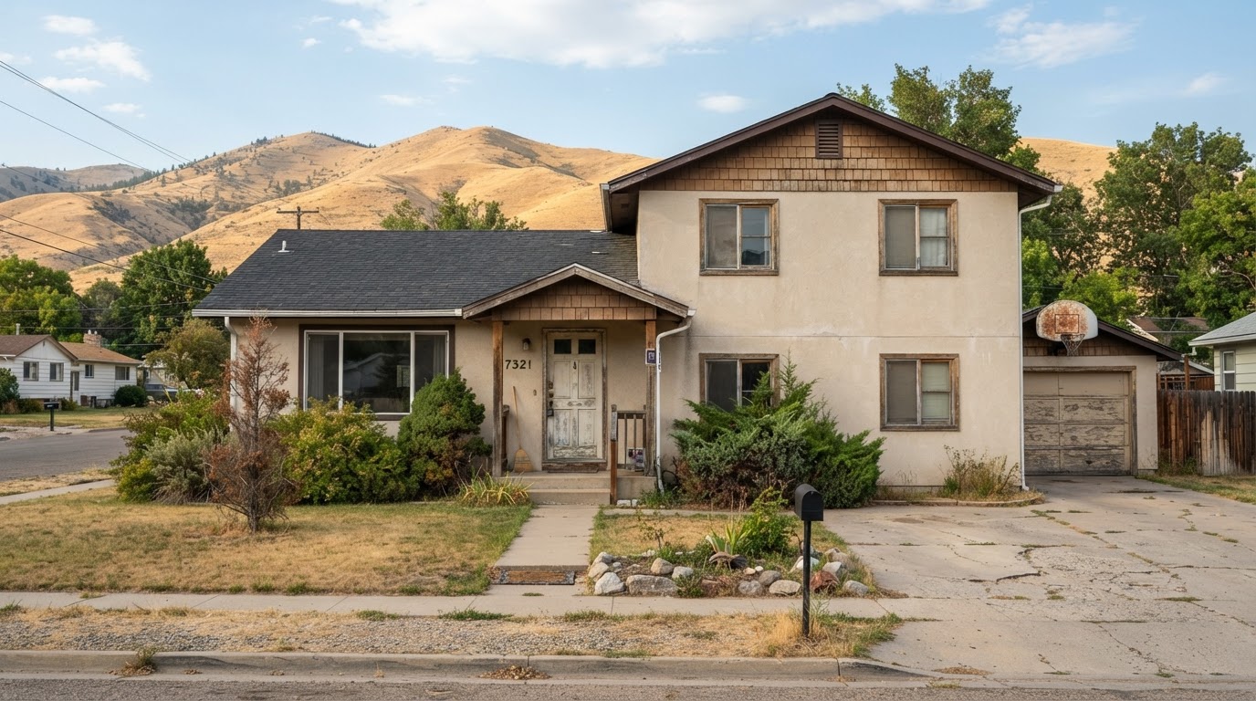 A realistic Boise-area home exterior showing normal deferred maintenance and pre-sale preparation context.