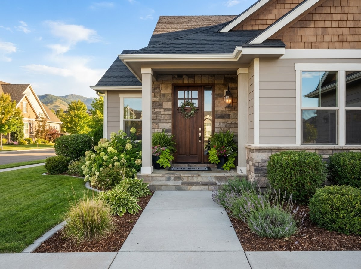 Exterior entry area of a Boise-area home showing curb appeal preparation with clean landscaping and a tidy front porch.