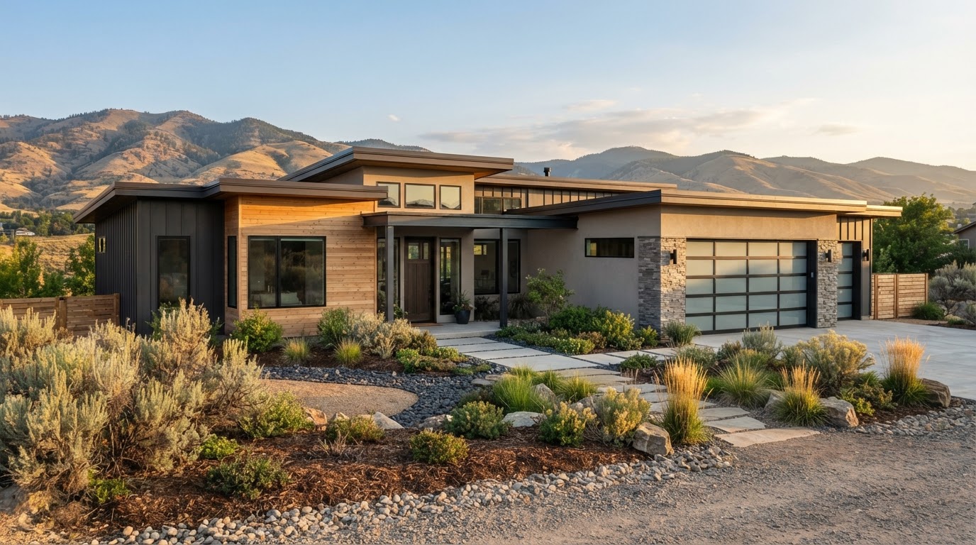 A polished new-construction home in the Boise, Idaho area with clean contemporary architecture and natural landscaping.