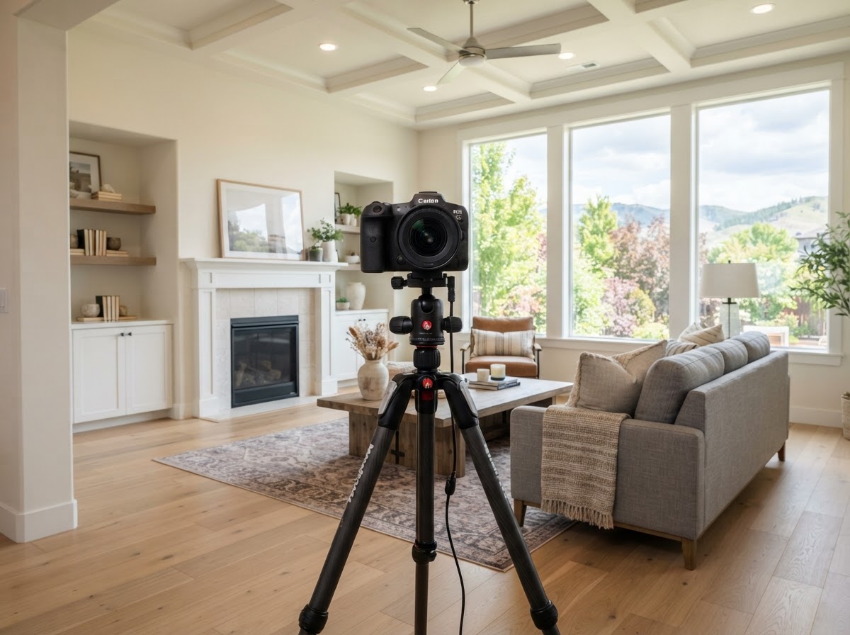 Professional real estate photography setup inside a well-presented Boise-area home with a camera on a tripod facing a bright living space.