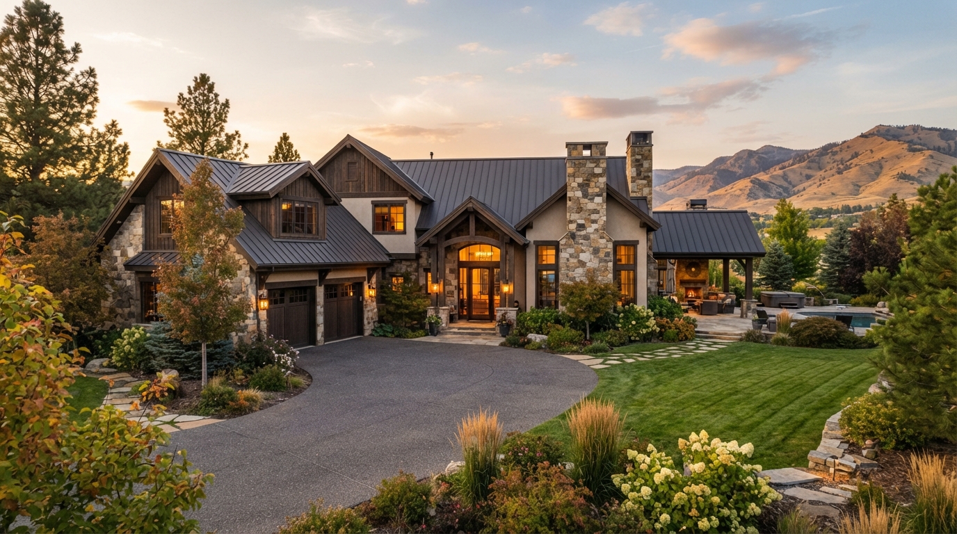 Premium Boise area luxury home exterior at golden hour