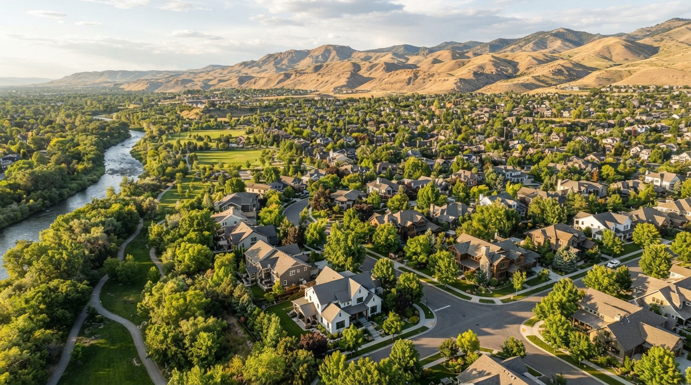 Aerial view of Harris Ranch neighborhood in East Boise, Idaho with the Boise River and mature trees