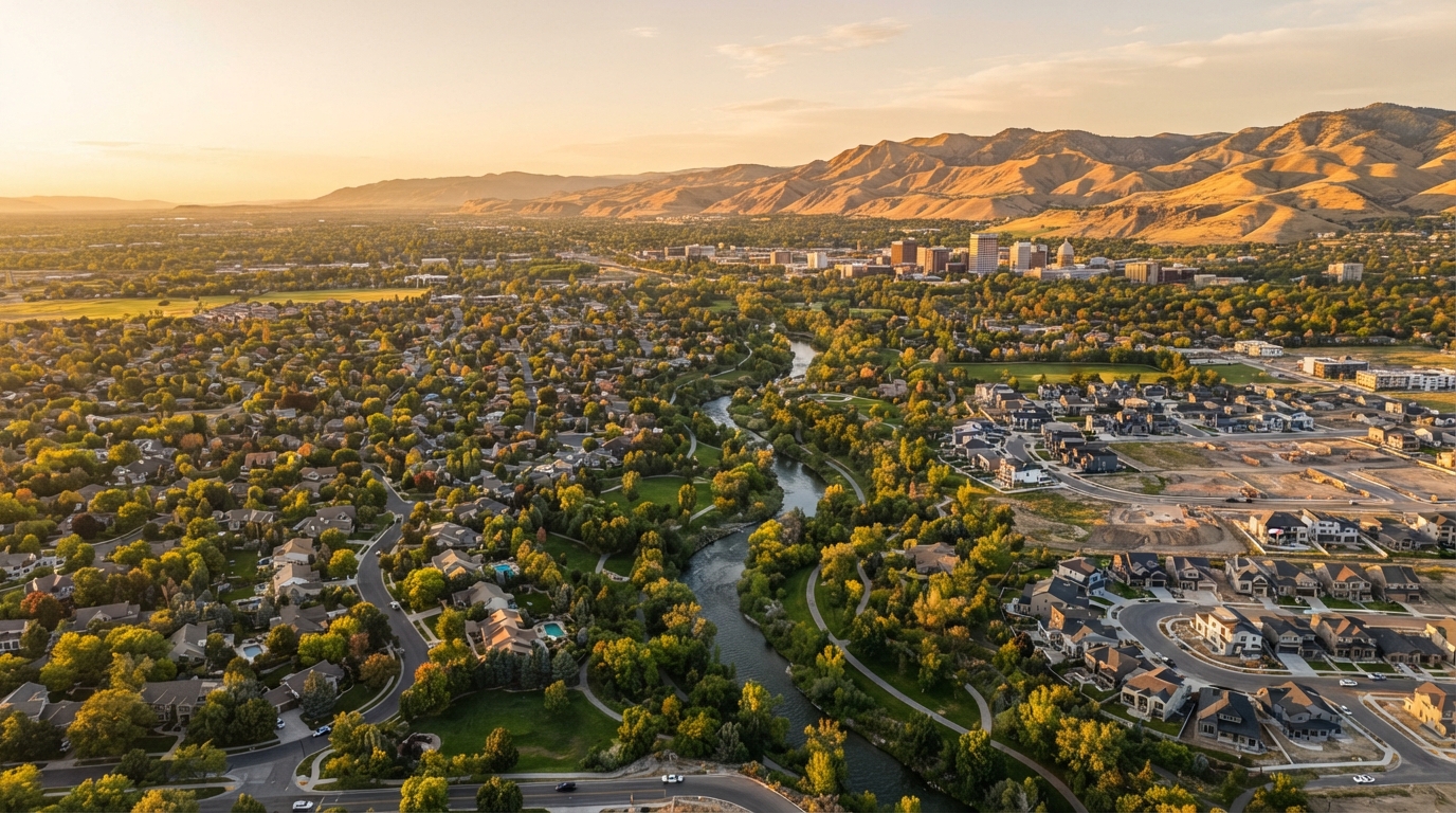 Aerial view of the Treasure Valley and Boise foothills at golden hour