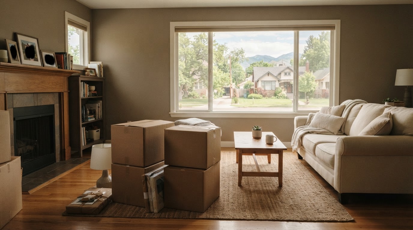 A Boise-area living room mid-transition with neatly stacked moving boxes and soft natural light.