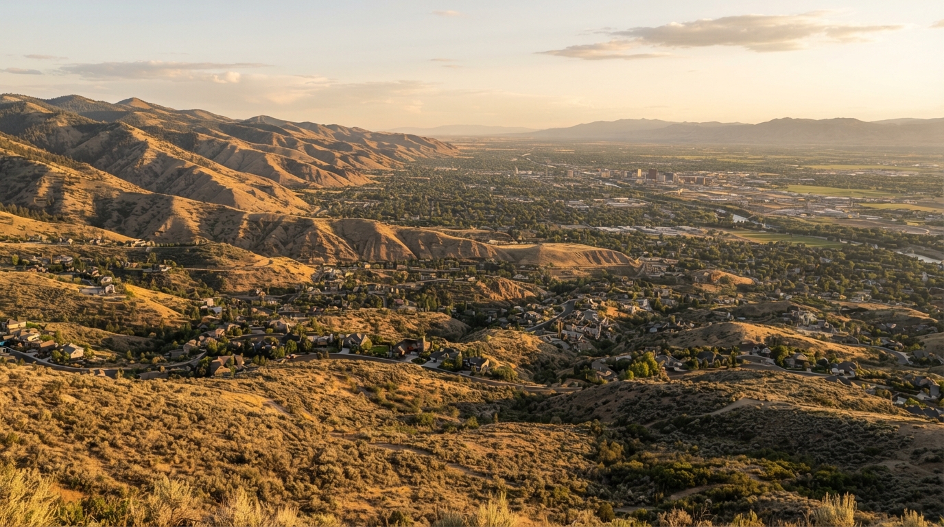 Boise Foothills landscape with sagebrush-covered ridges, residential areas, and the Treasure Valley in the distance