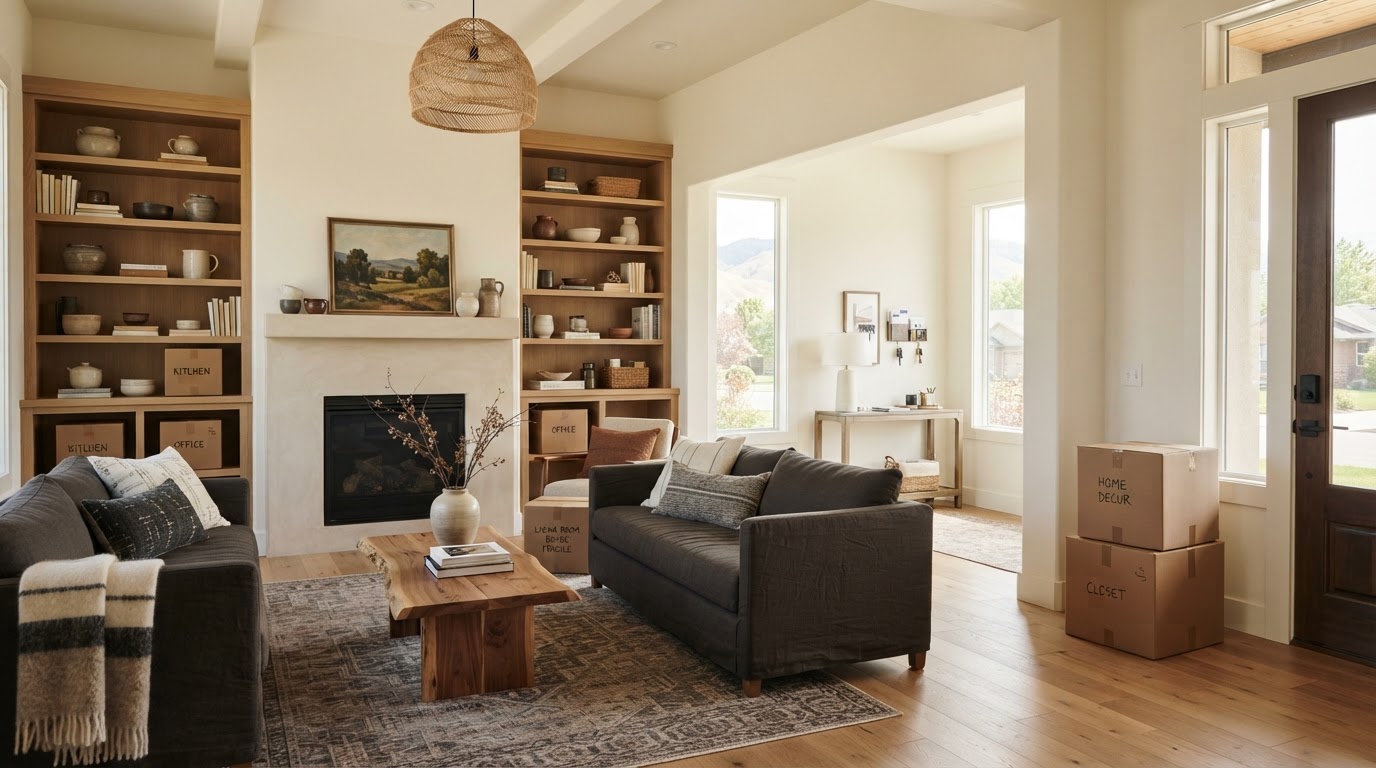 A warm, sophisticated Boise-area living space with subtle moving and downsizing transition elements including neatly organized shelves and a few moving boxes near an entryway.