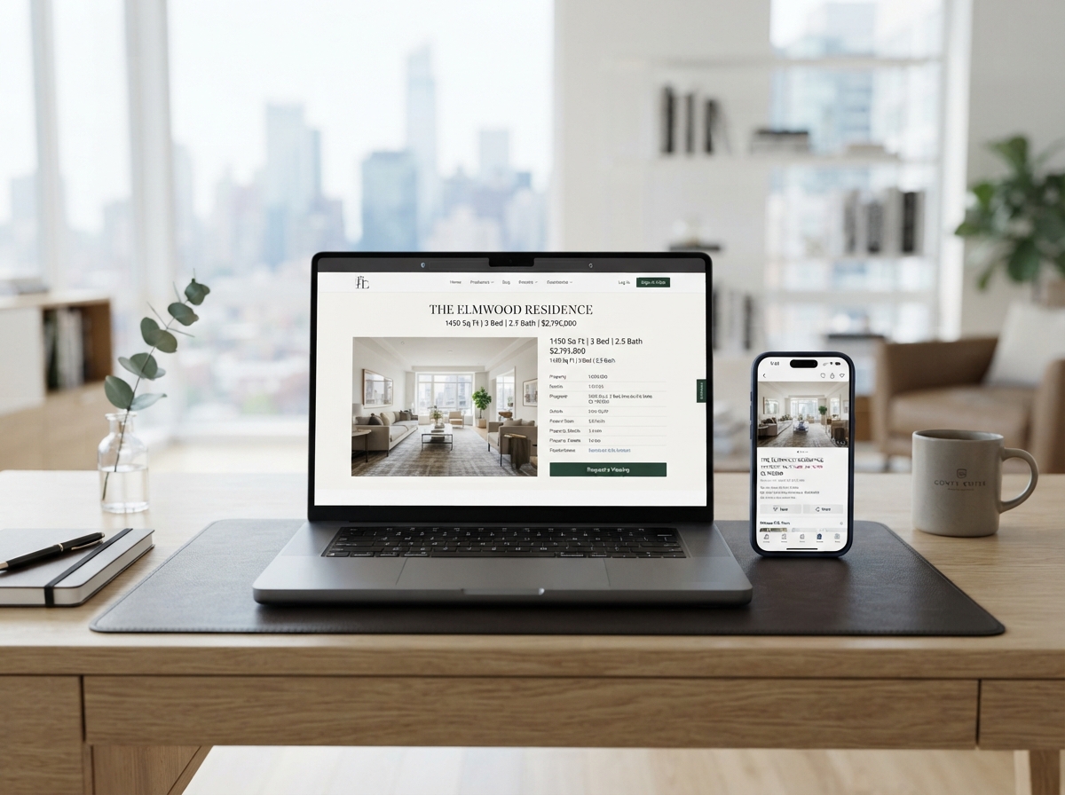 A tasteful digital marketing concept showing a real estate listing displayed on a laptop and phone in a clean office setting.