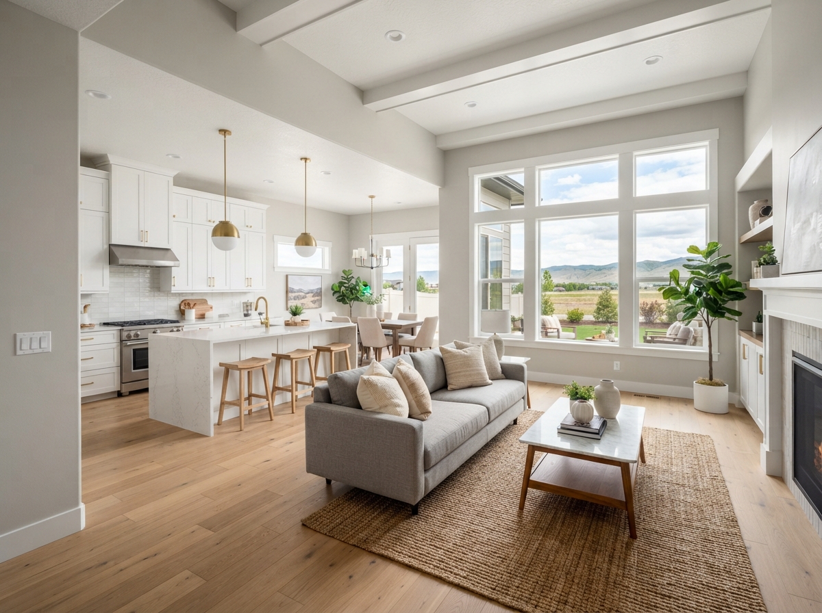 A tasteful builder model-home interior in the Boise area showing modern finishes and neutral design selections.