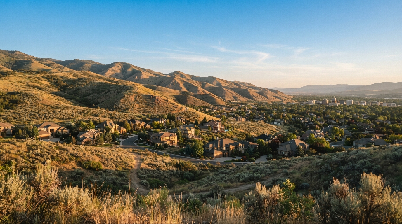 Boise foothills and Treasure Valley landscape at golden hour
