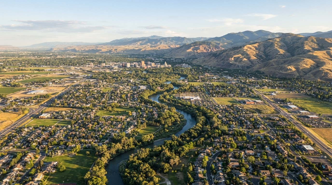 Aerial view of Treasure Valley residential communities near Boise, Idaho with foothills in the background