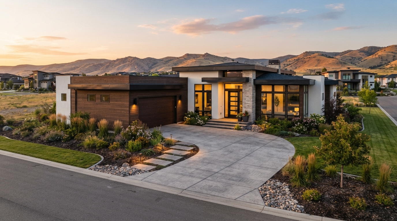 Premium newly built Boise area home with warm natural light and finished landscaping