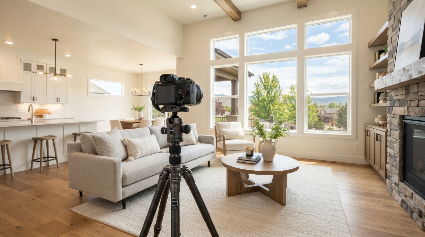 A polished Boise-area home being professionally photographed for a real estate listing with a camera on a tripod in a bright living room.