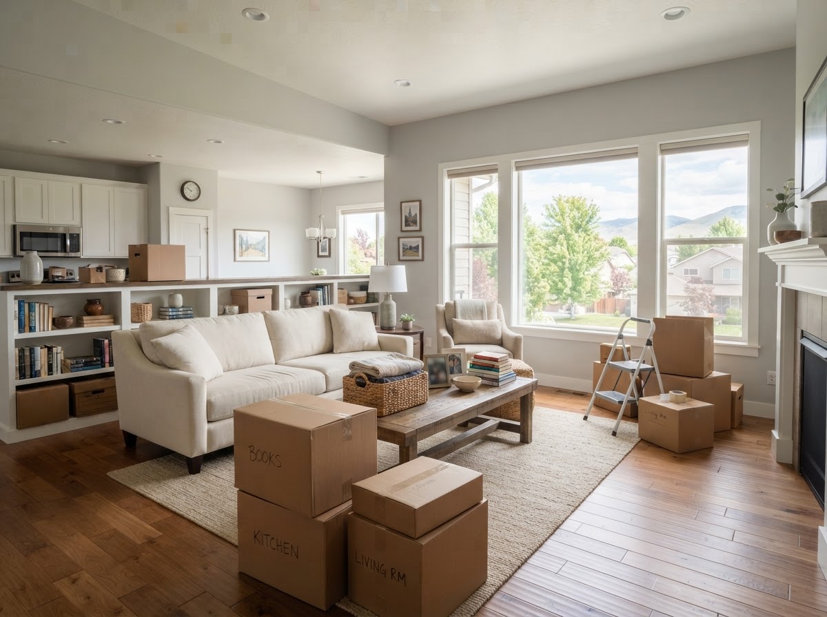 Organized belongings and moving boxes in a well-maintained Boise-area home during a downsizing preparation.