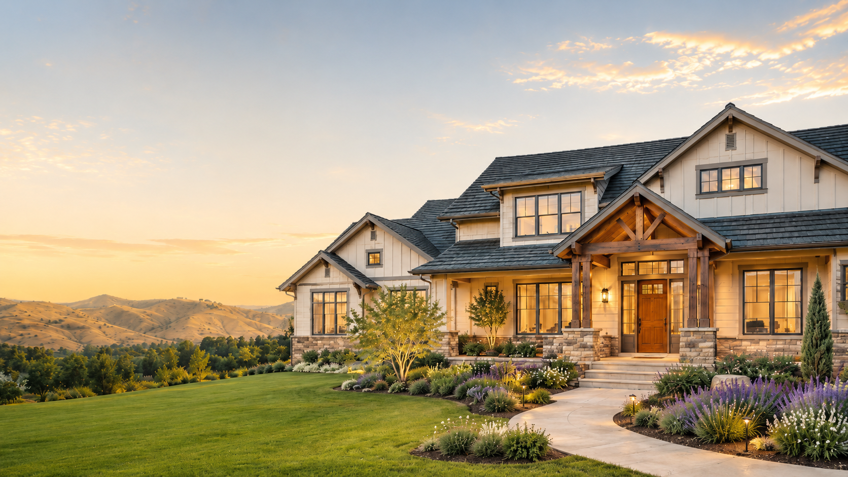 Premium Boise foothills home exterior at sunset