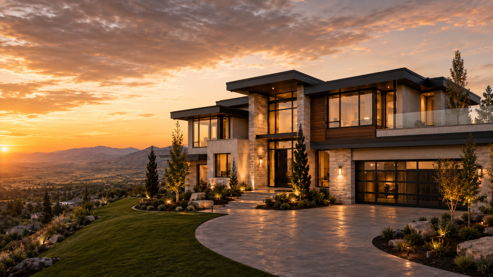 Modern hillside home at sunset in the Treasure Valley