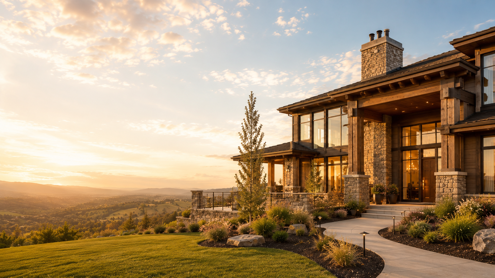 Premium Boise foothills home exterior at sunset