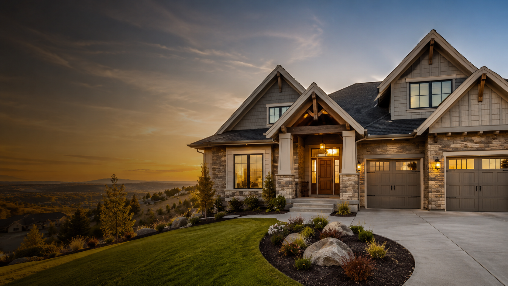 Luxury craftsman-style Boise Treasure Valley home at sunset