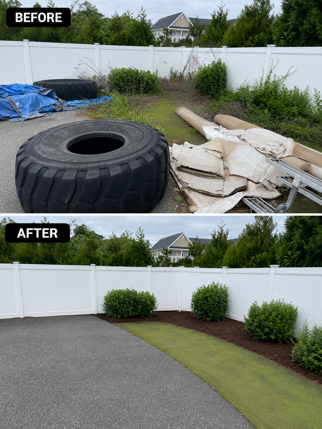 Before and after backyard tire and debris removal