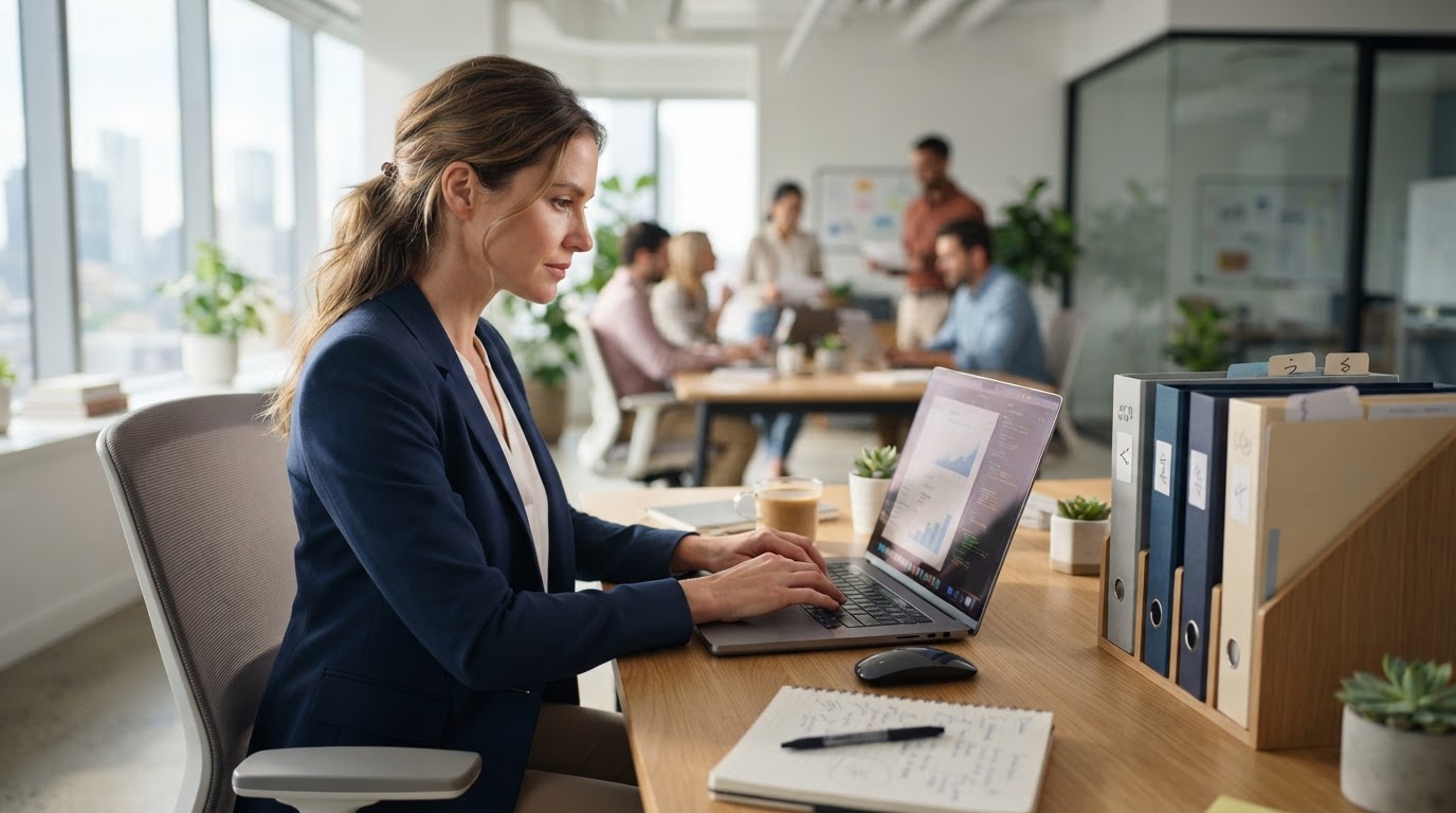 A busy professional working on a laptop with organized files nearby.