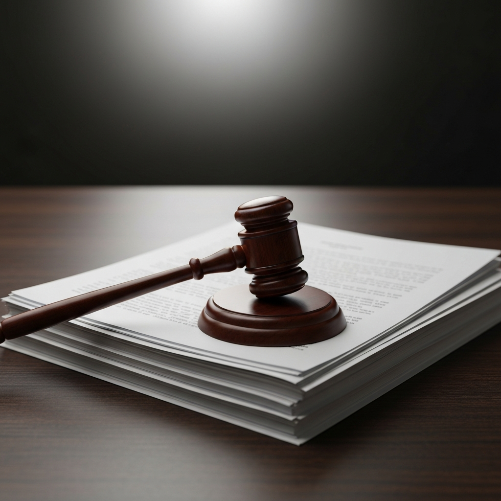 A wooden gavel and legal documents.
