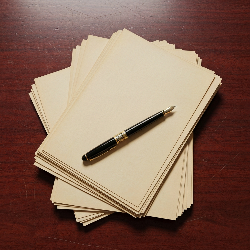 A stack of vintage financial papers and a pen.