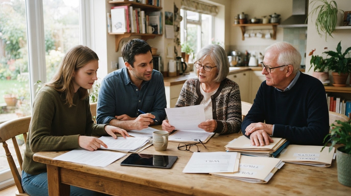 A family reviewing estate paperwork together at a kitchen table.