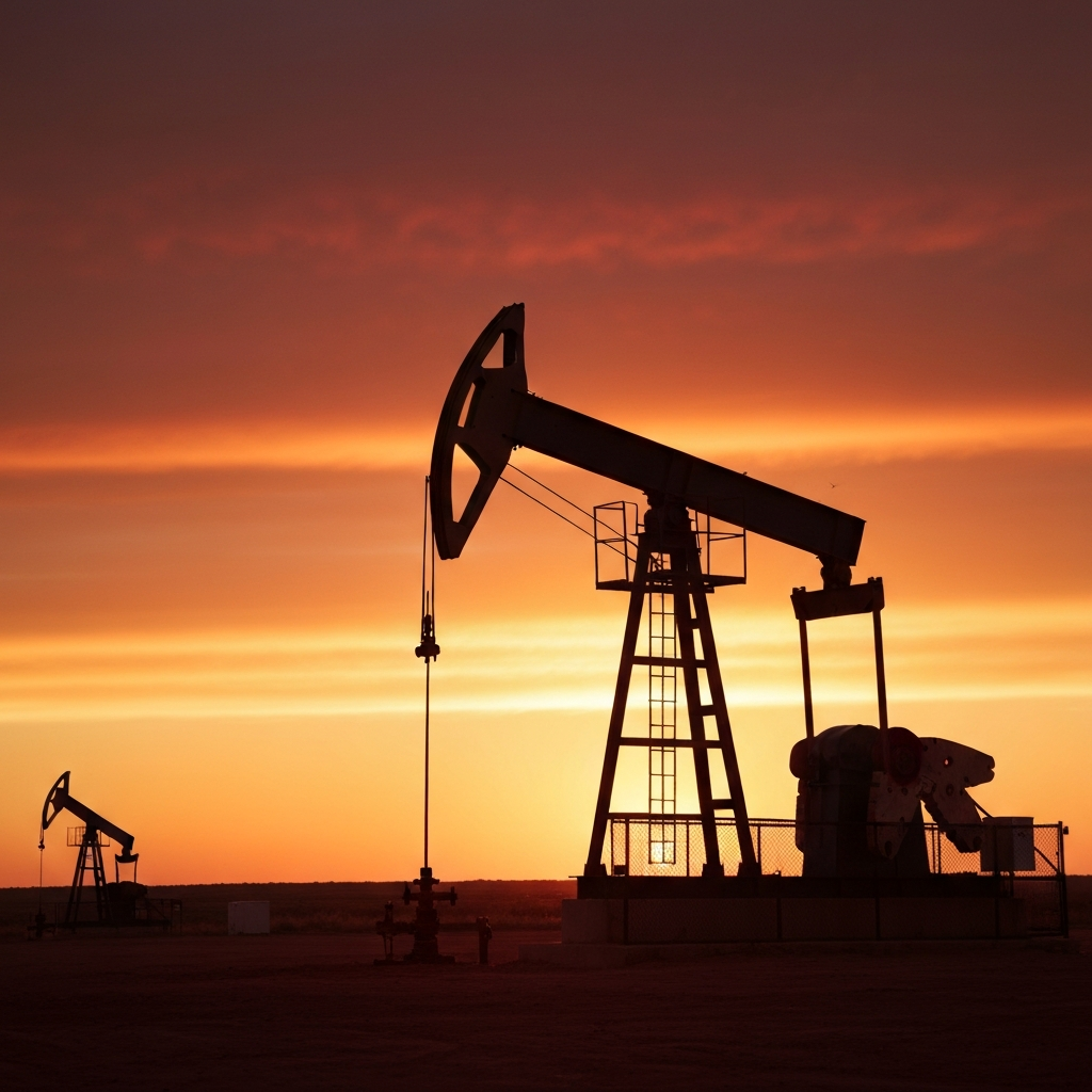 An Oklahoma oil pumpjack silhouette at sunset.